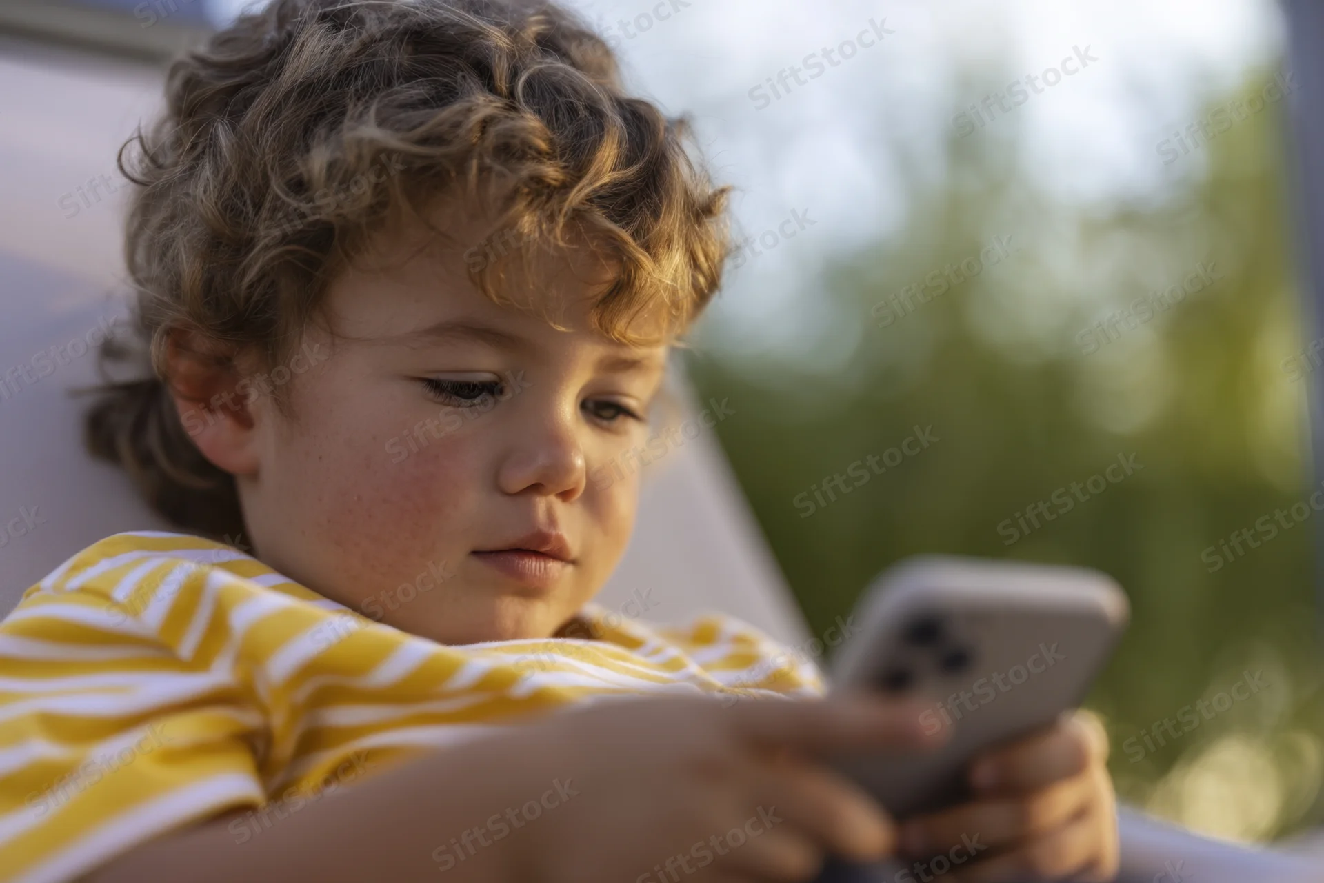 Young child concentrating on smartphone outdoors in casual clothing