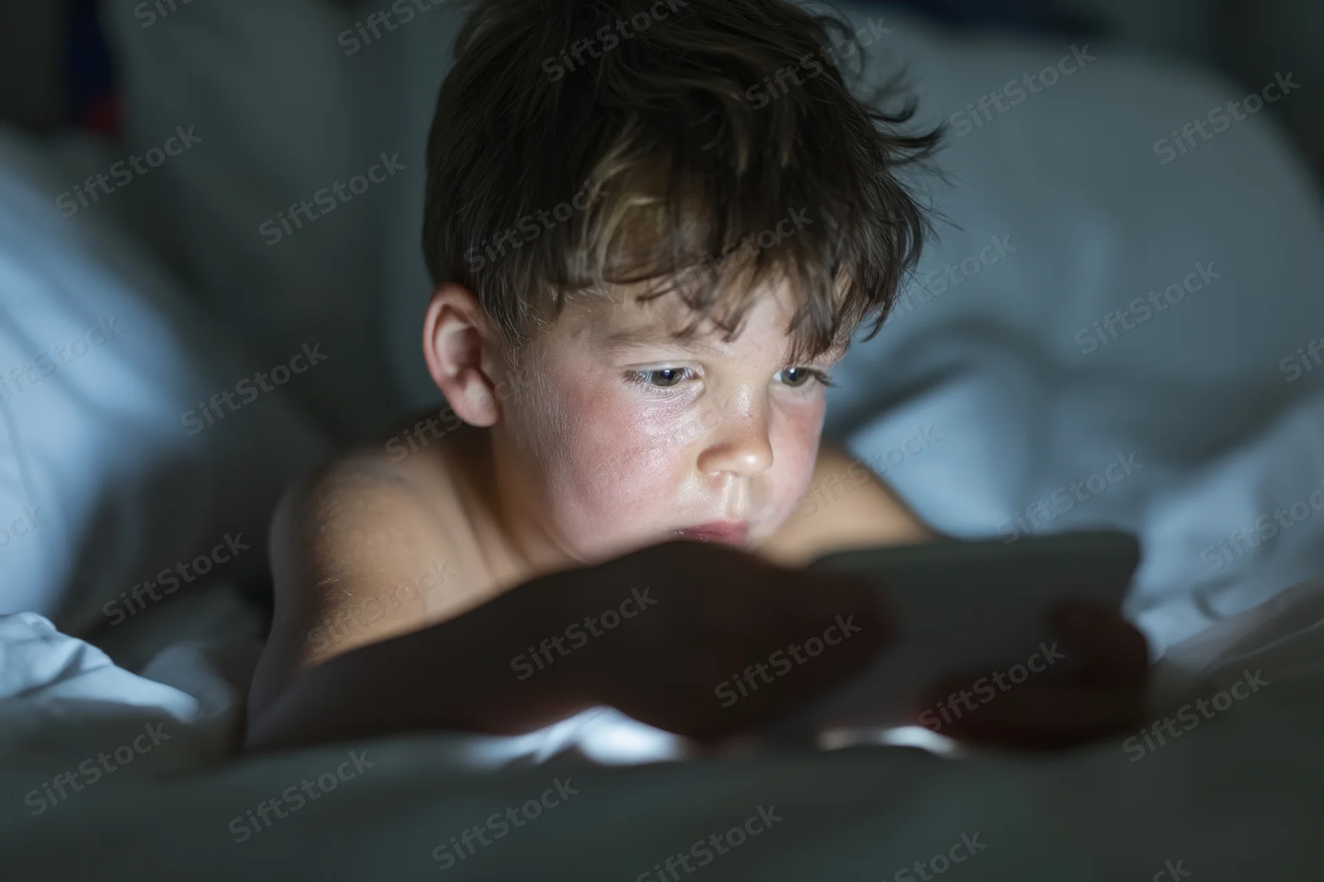 Young boy lying in bed concentrating on a smartphone screen at night