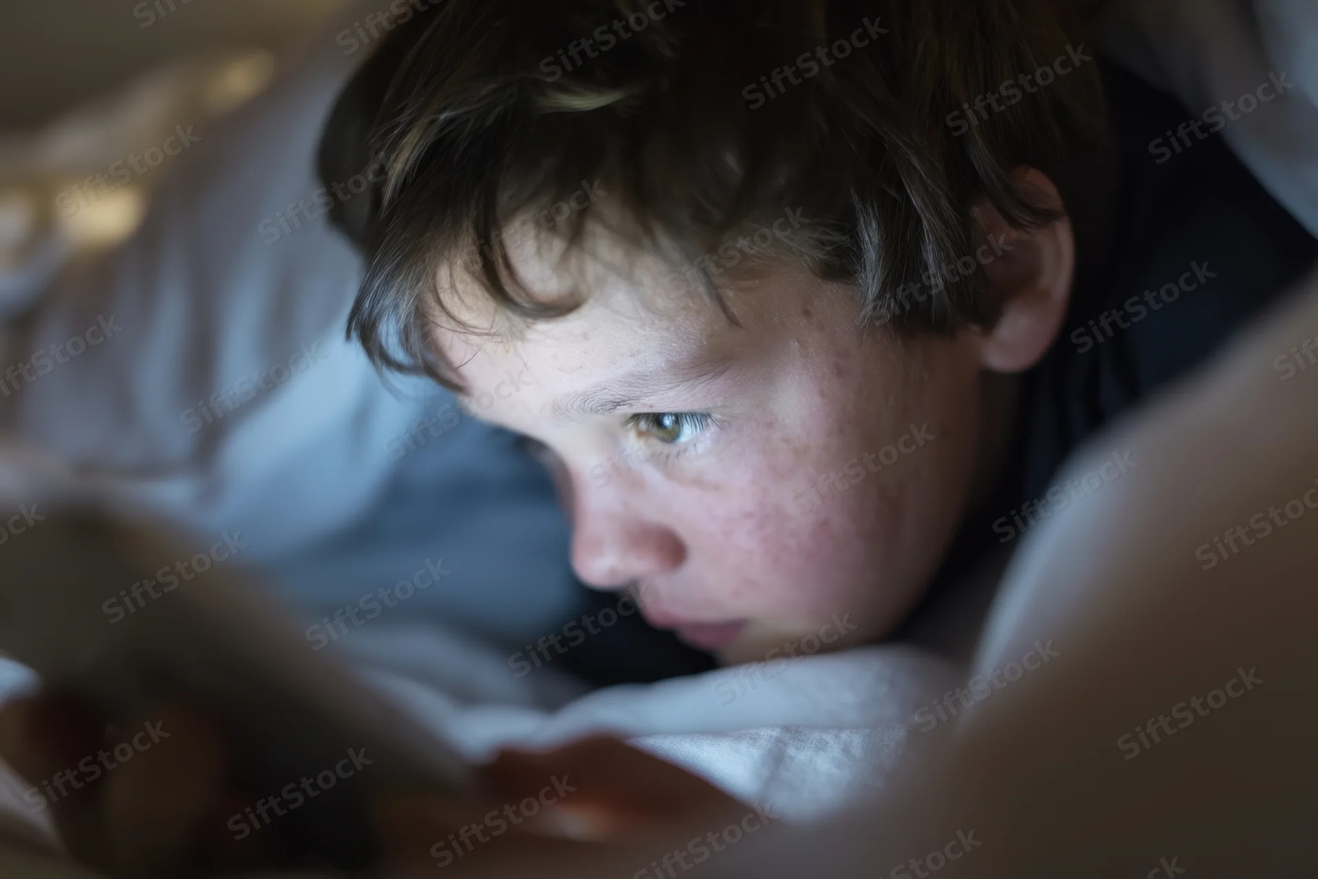 Young boy lying in bed concentrating on smartphone screen under blanket