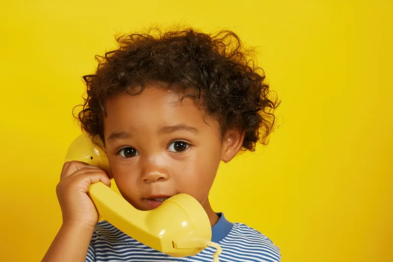 Young child with curly hair holding vintage yellow toy telephone to ear against bright yellow background