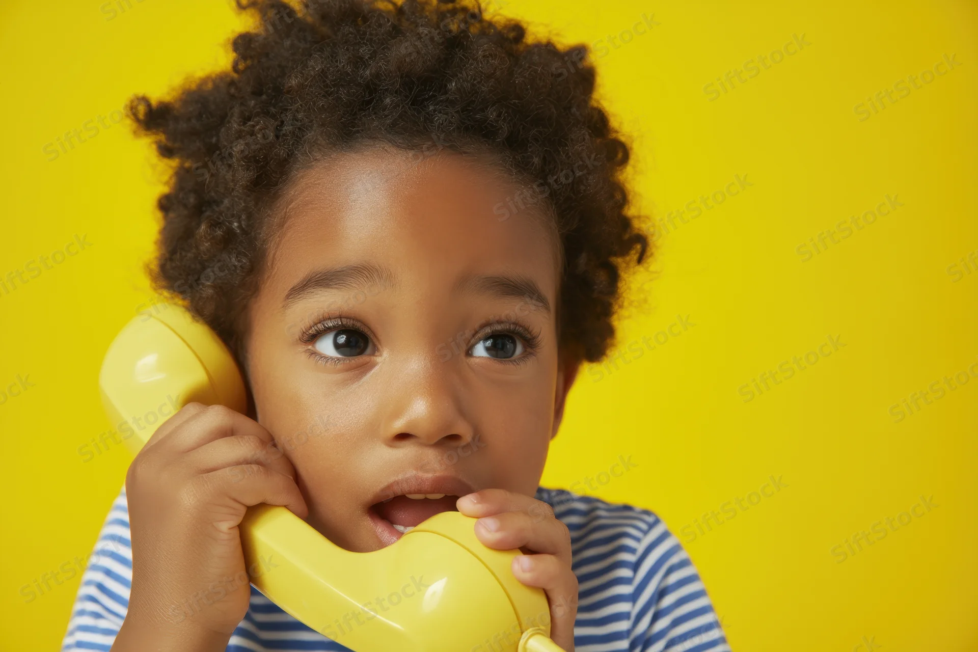 Young child with curly hair holding vintage yellow phone against bright yellow background, mouth open in surprise