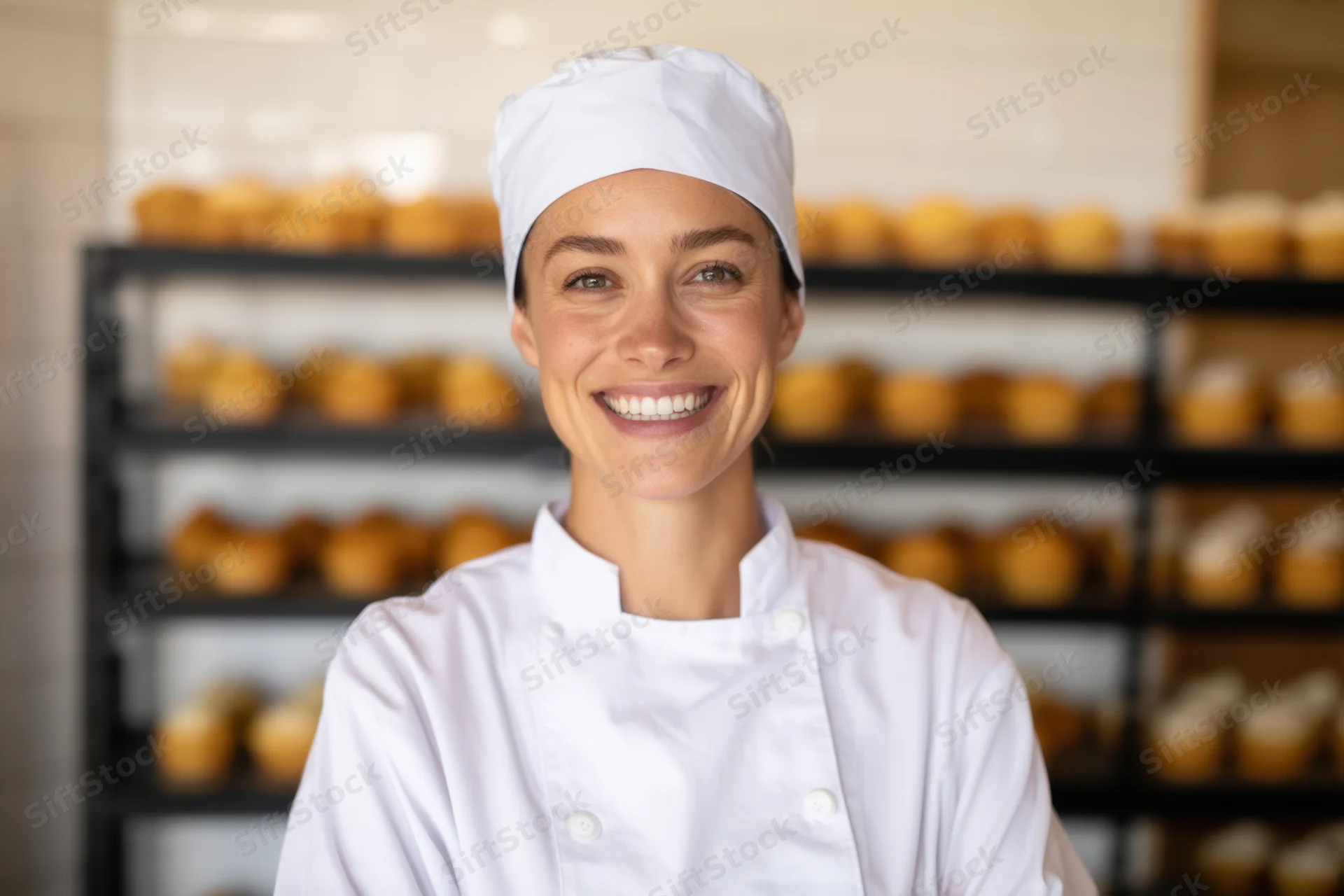 Smiling female baker in white uniform standing in modern bakery with shelves of baked goods behind her