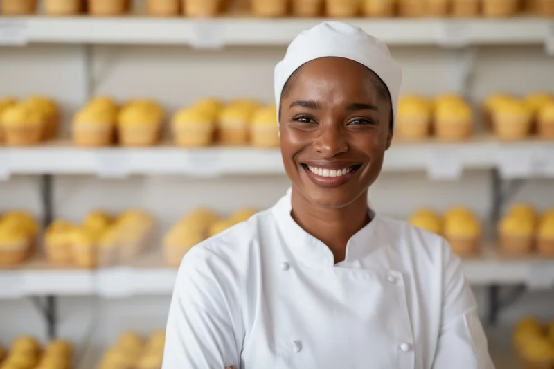 Smiling young black female baker in white uniform standing in modern bakery with cupcakes on shelves behind her