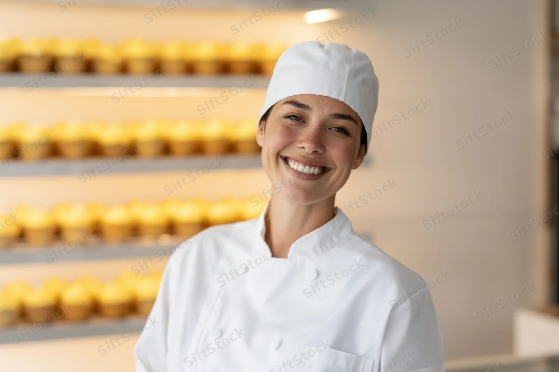 Young female baker smiling in a modern bakery with cupcakes on shelves behind her