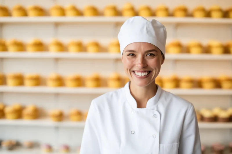 Young female baker smiling in a modern bakery with shelves of yellow cupcakes behind her