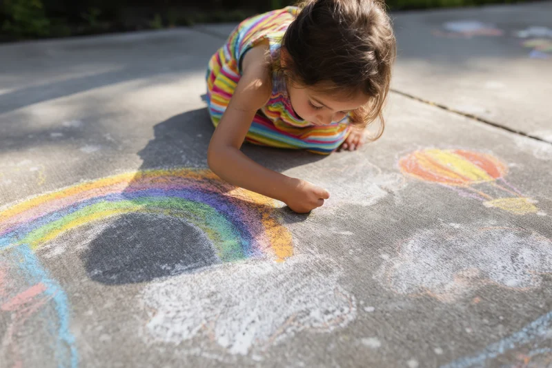 Young girl drawing a rainbow with colorful chalk on a concrete pavement outdoors