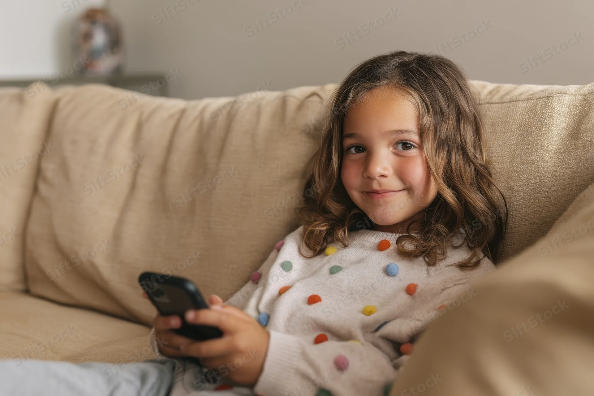 Young girl smiling while sitting on a beige couch holding a smartphone indoors