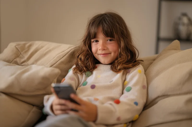 Young girl smiling while holding a remote control on a cozy beige couch