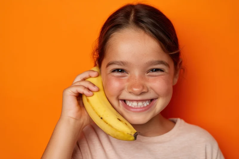 Young girl smiling widely while holding a banana to her ear against an orange background