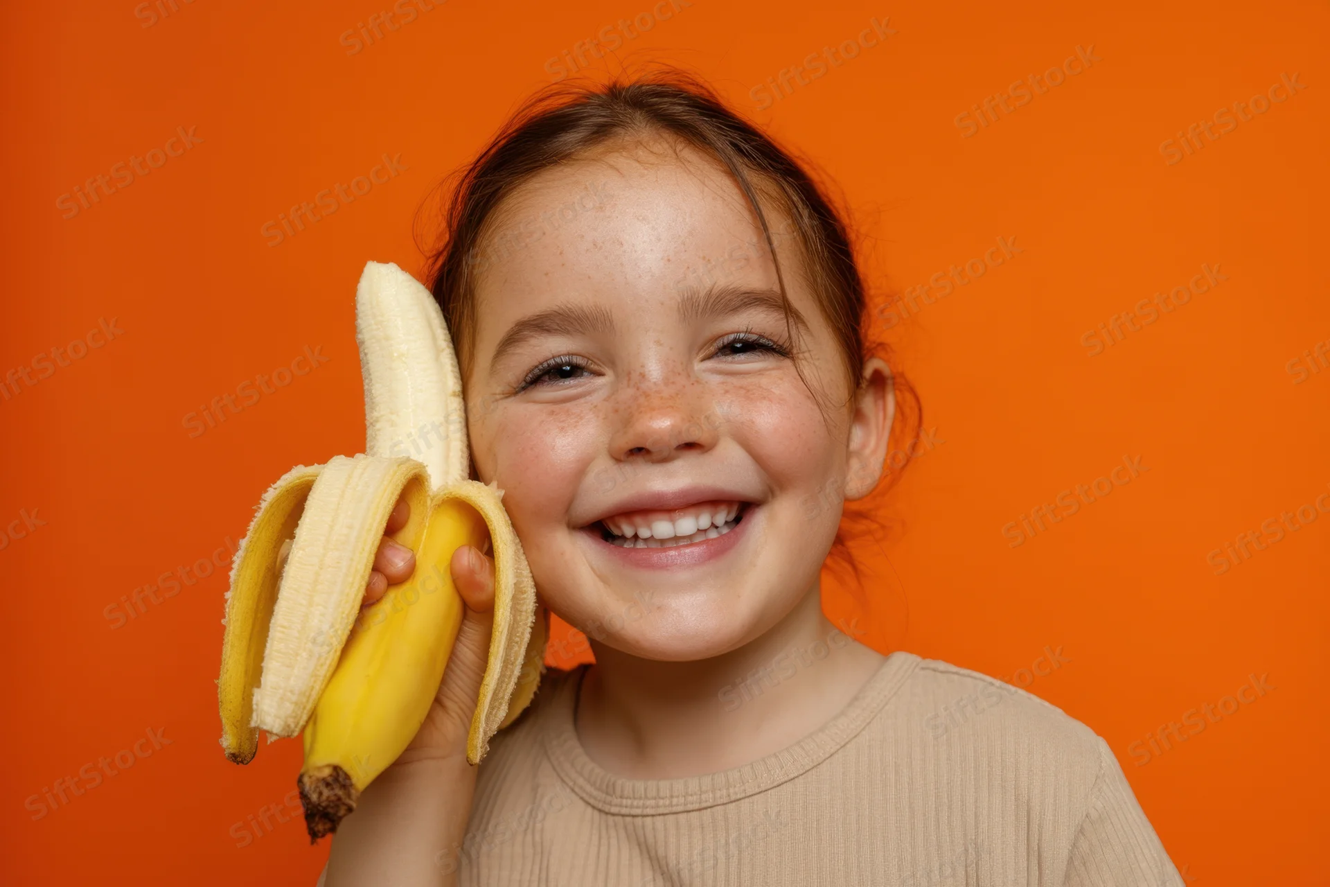 Young girl smiling while holding a banana up to her face against orange background