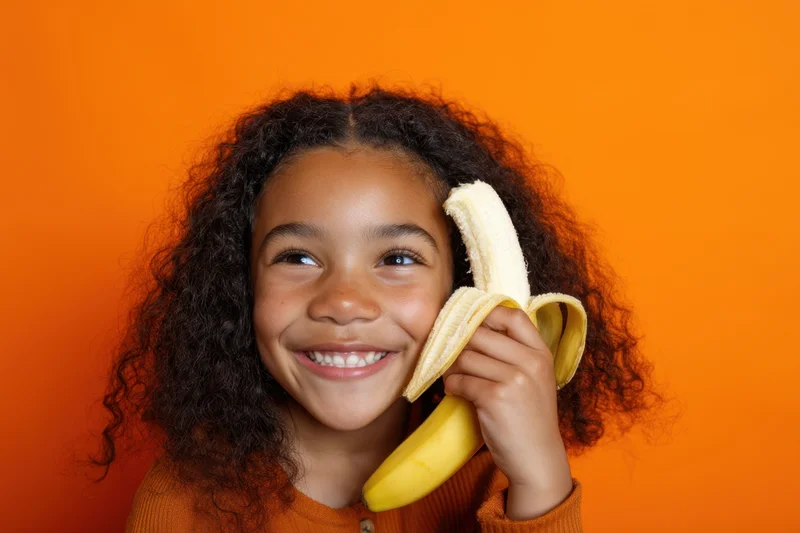Young girl smiling while holding a banana up to her face against orange background
