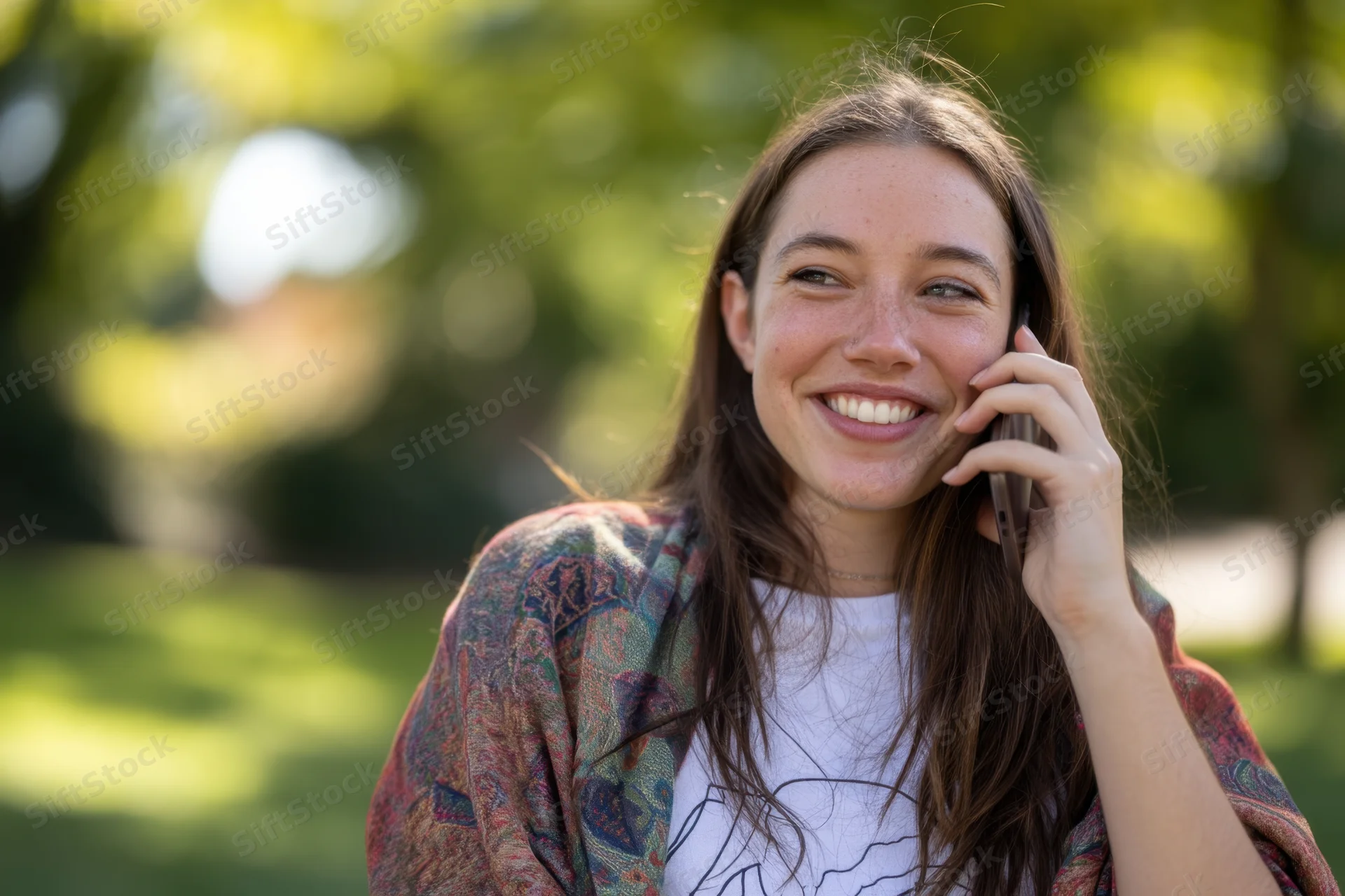 Young woman smiling while talking on smartphone in a sunlit park