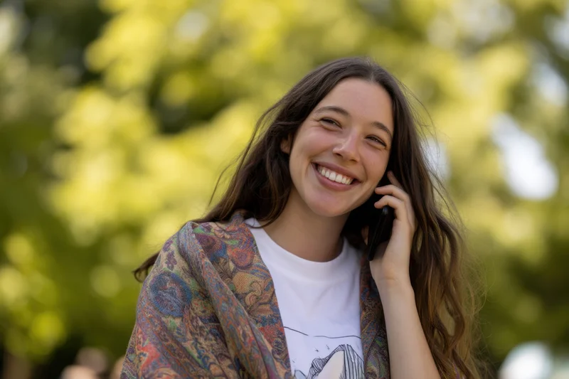 Young woman smiling while talking on her phone outdoors in a park with green trees in the background