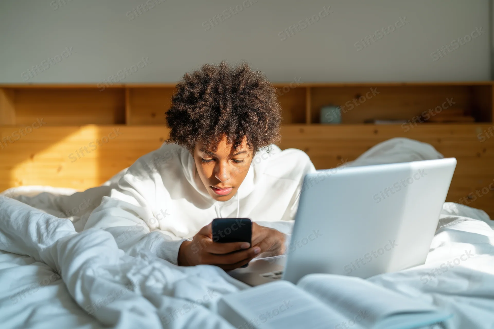 Young black male adolescent concentrating on smartphone and laptop while lying on bed with textbook and headphones