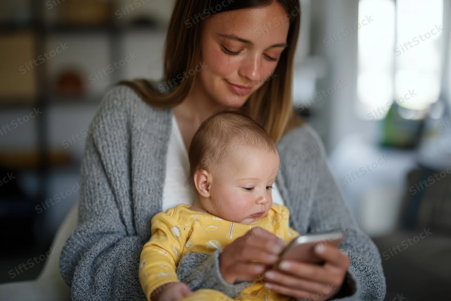 Young mother holding baby and using smartphone in cozy home setting
