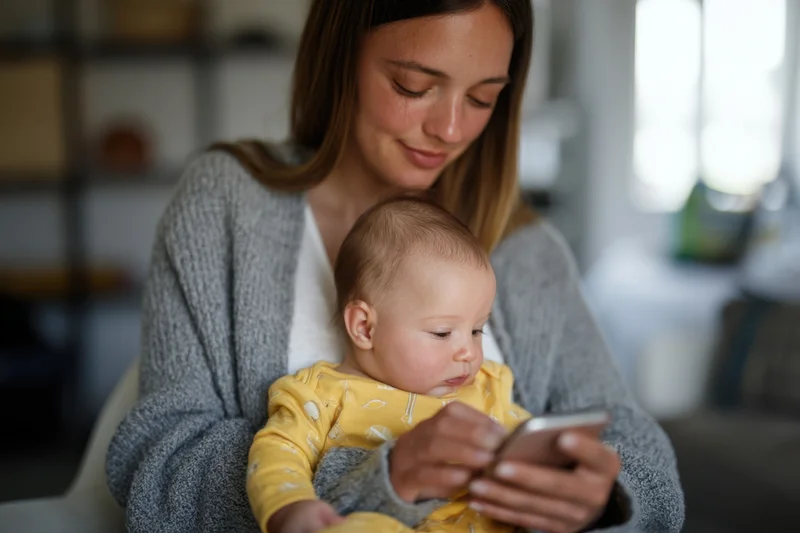 Young mother holding baby and using smartphone in cozy home setting
