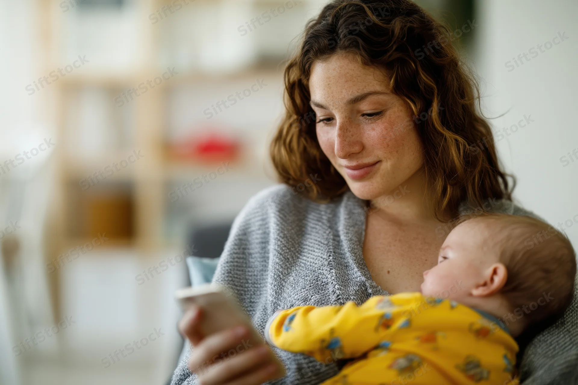 Young mother holding baby while using smartphone in cozy home setting
