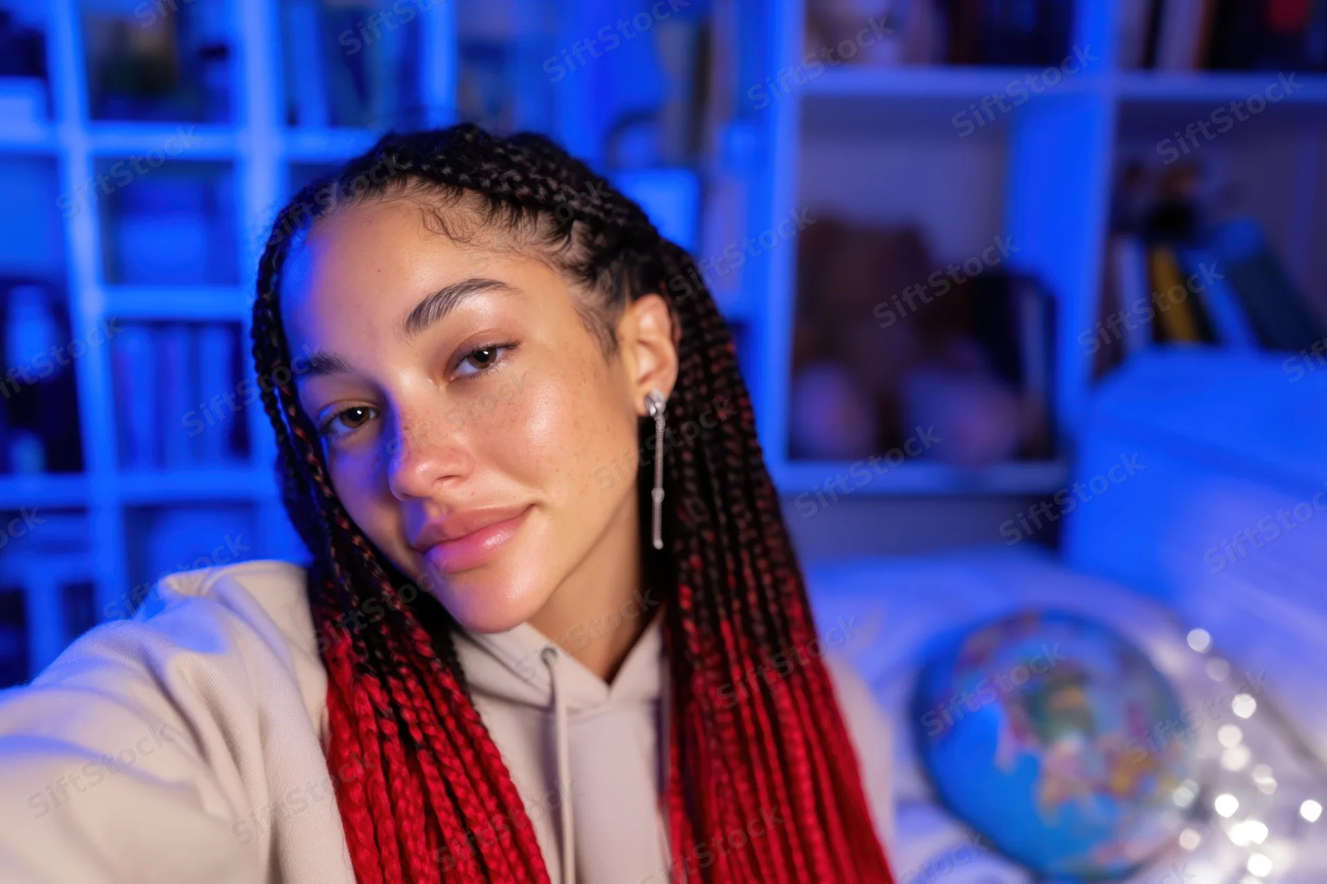 Young woman taking a selfie in a cozy bedroom with blue lighting and string lights