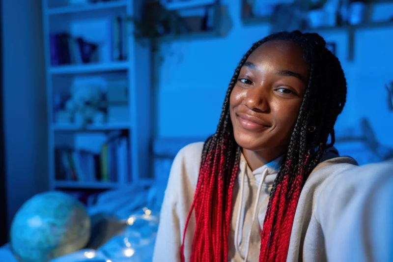 Young woman smiling while taking a selfie in a cozy bedroom with string lights and a globe nearby