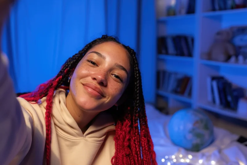 Young woman smiling while taking a selfie in a cozy bedroom with string lights and a globe on the bed