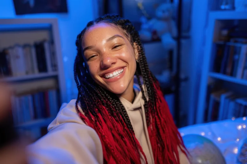 Young woman smiling while taking a selfie in a cozy bedroom with blue lighting and bookshelves in the background