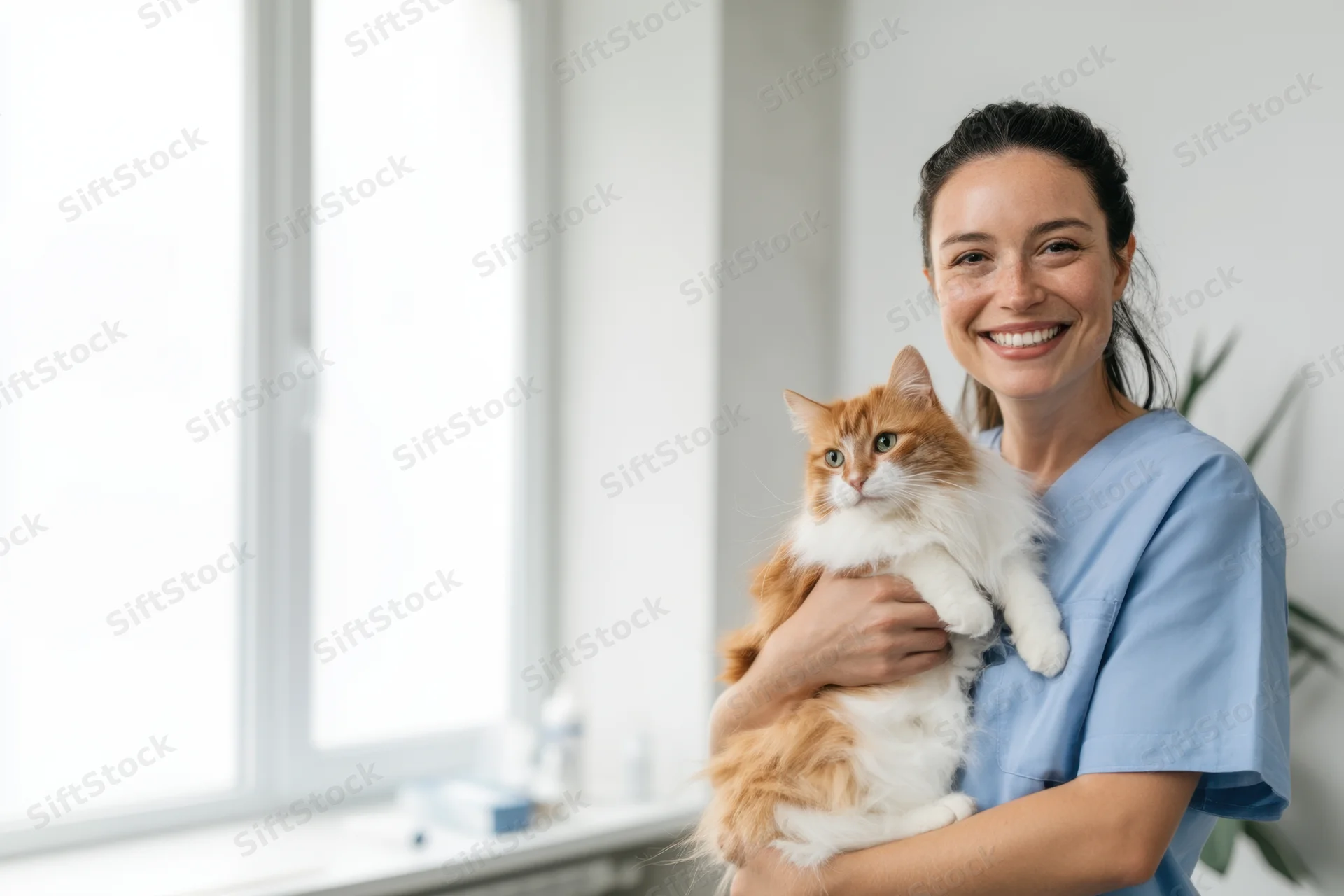 Young woman veterinarian holding a fluffy orange and white cat in a bright clinic room