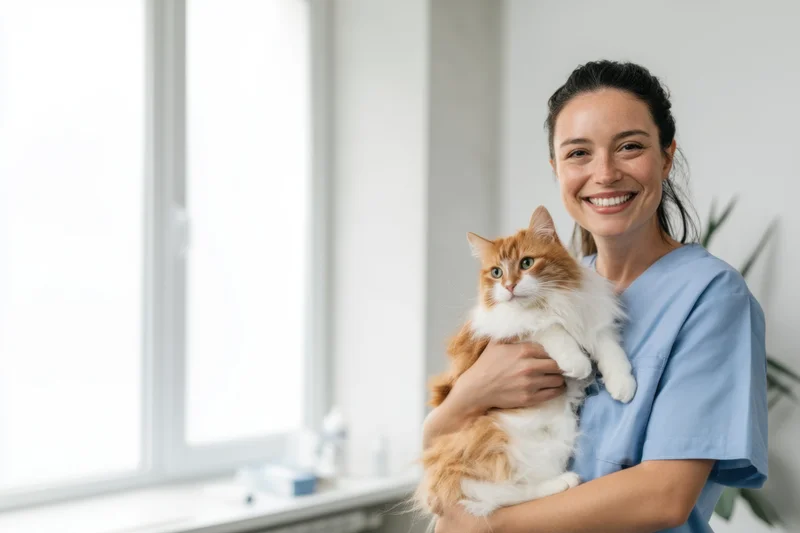 Young woman veterinarian holding a fluffy orange and white cat in a bright clinic room