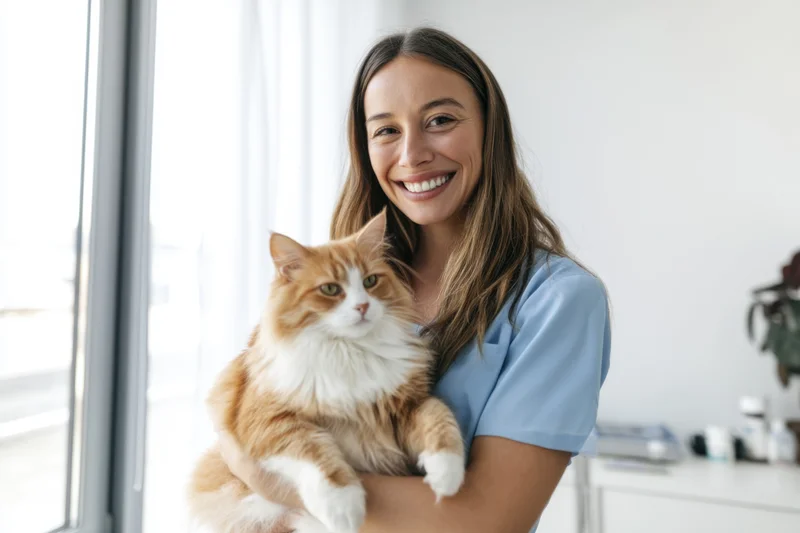 Veterinarian holding a fluffy orange and white cat in a bright clinic office