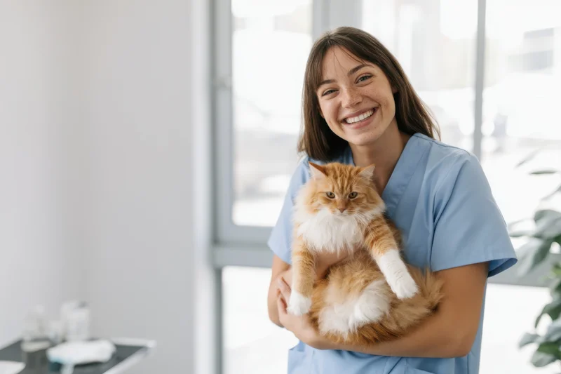 Young woman veterinarian holding orange and white cat in veterinary clinic, smiling at camera