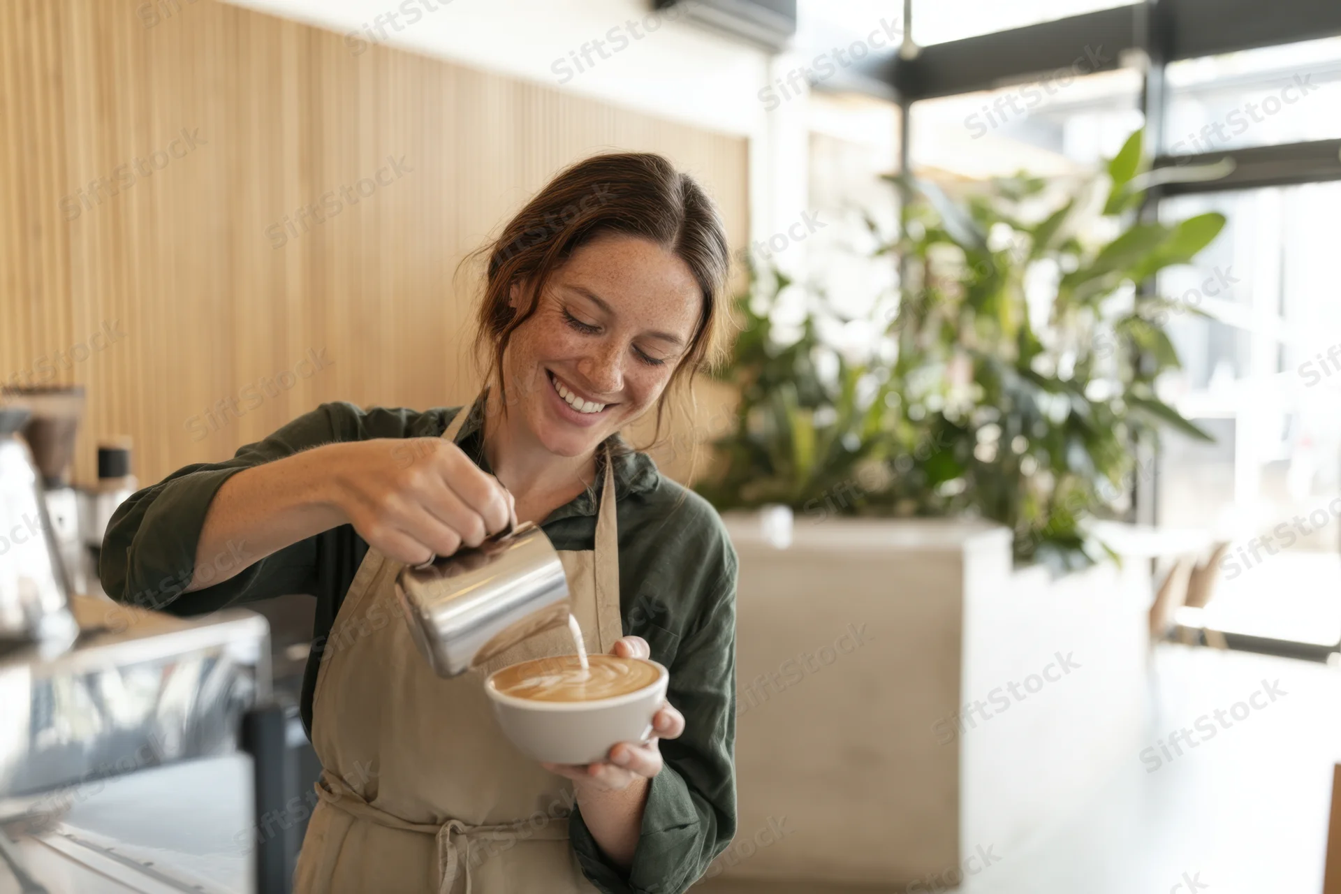 Barista pouring steamed milk into a latte cup in a cafe interior