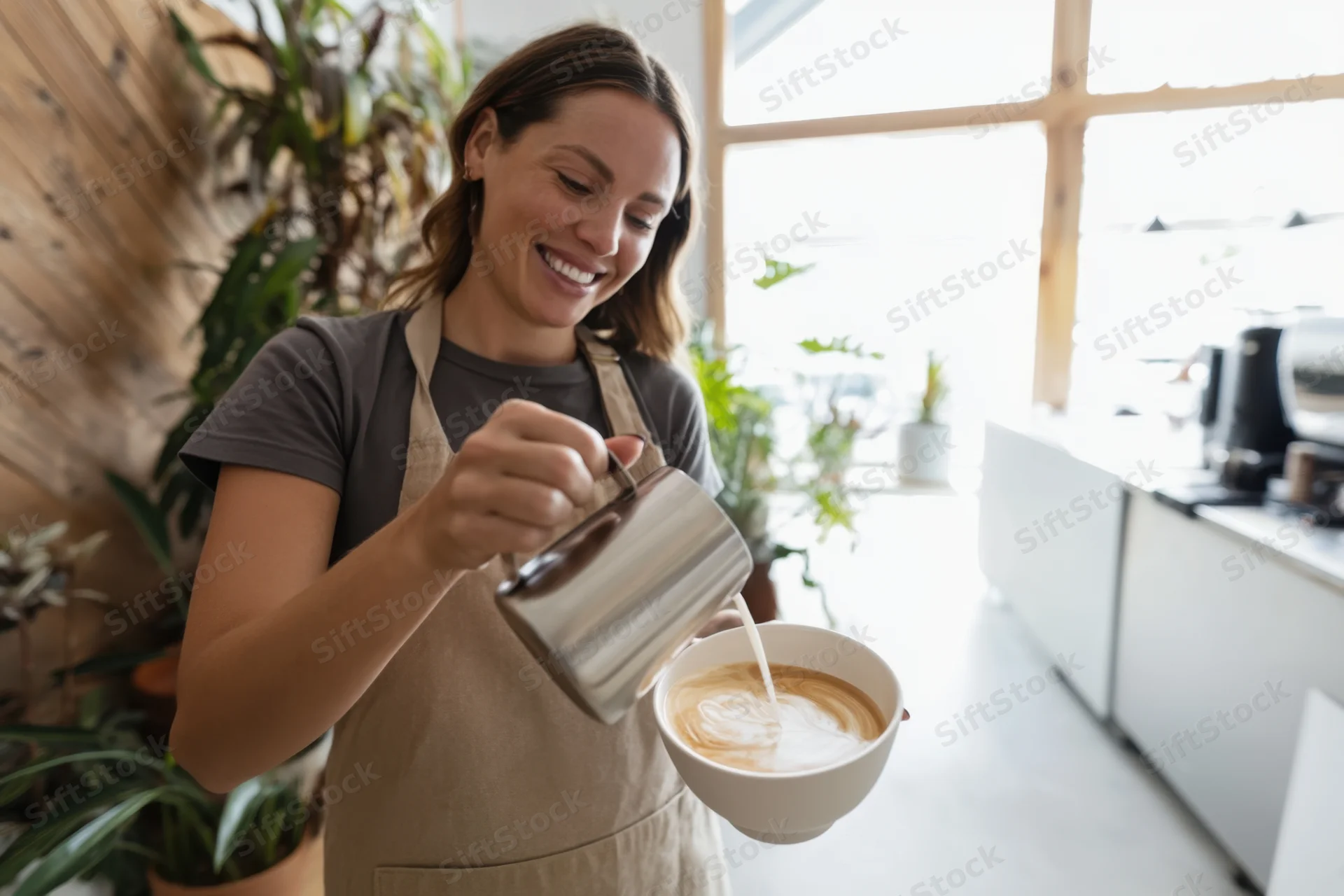 Smiling barista pouring steamed milk into a latte cup in a bright cafe interior