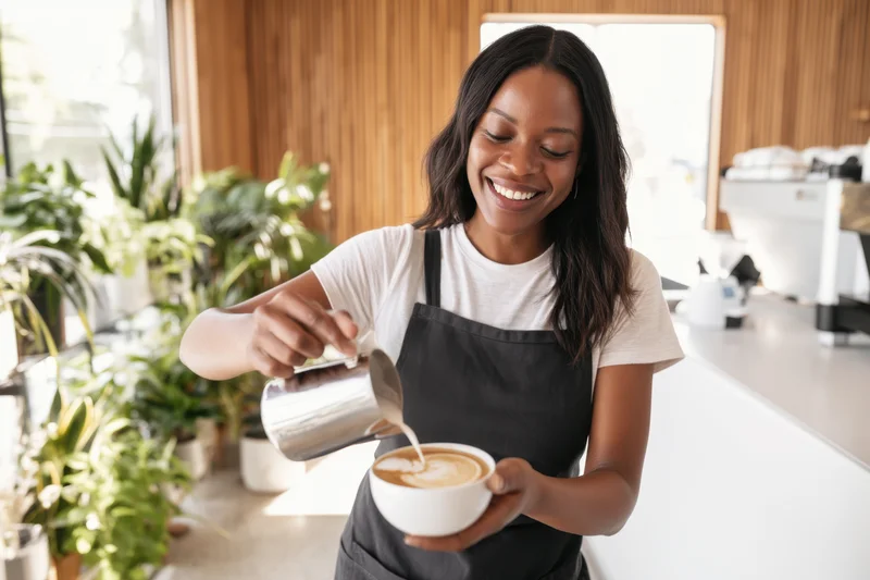 Barista pouring steamed milk into a latte cup in a bright cafe with plants and wooden walls
