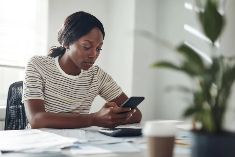 Young black woman focused on smartphone at modern desk with documents and coffee