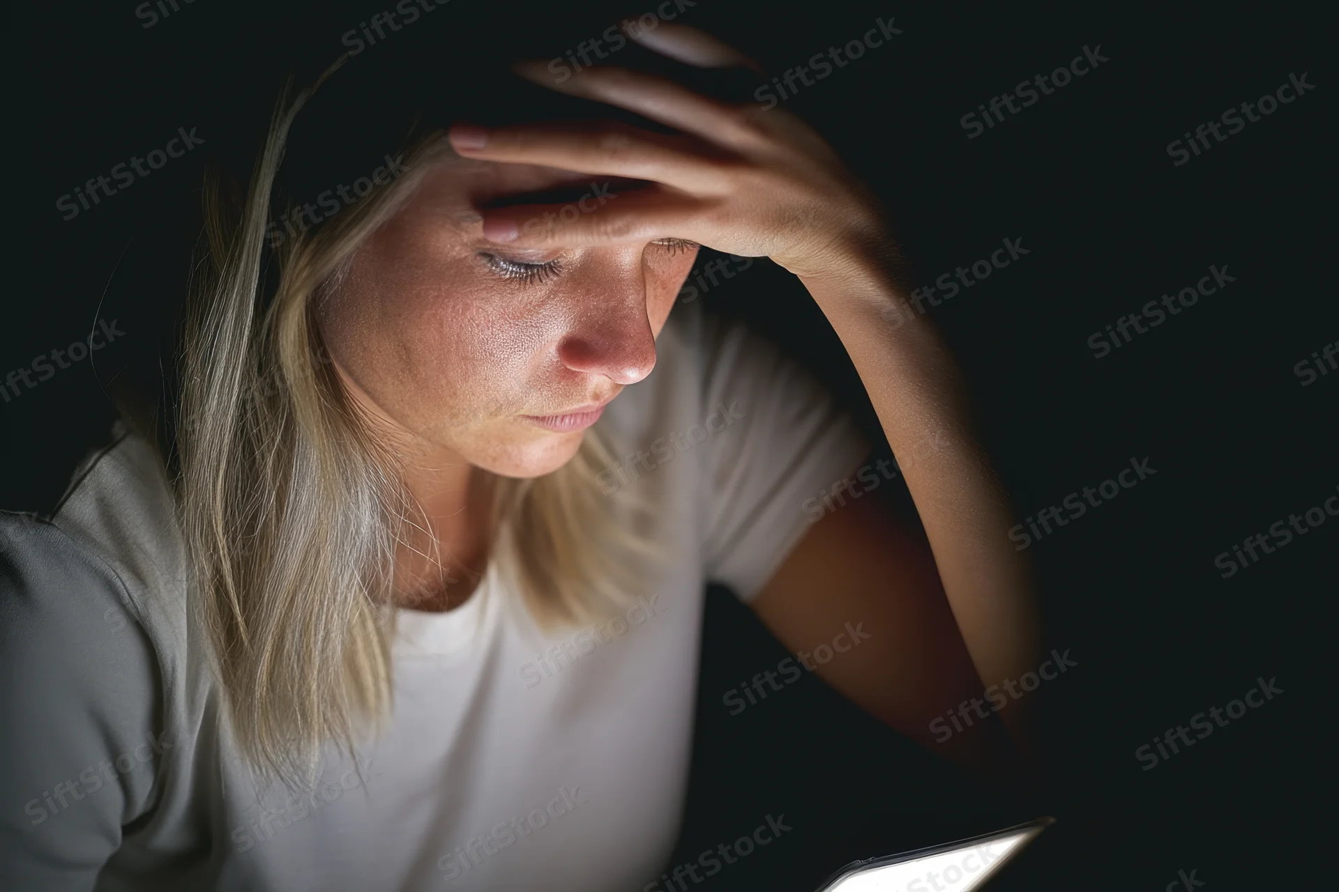 Young woman with hand on forehead looking at tablet in dark room