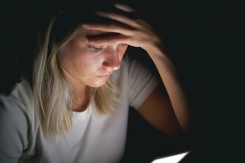 Young woman with hand on forehead looking at tablet in dark room