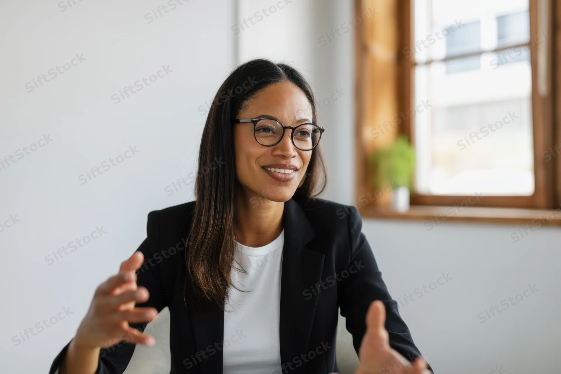 Woman in black blazer and glasses smiling during office conversation near window