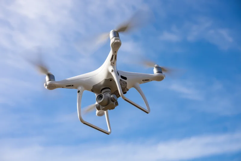 White drone hovering in mid-air with camera and spinning propellers against blue sky