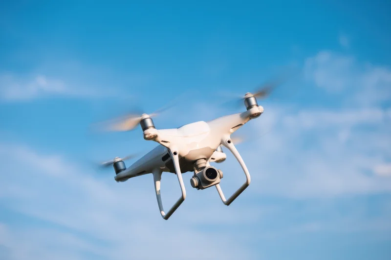White drone with camera flying in blue sky with clouds