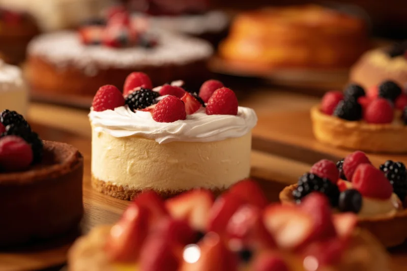 An array of desserts including cheesecake and fruit tarts arranged on a wooden surface with shallow depth of field