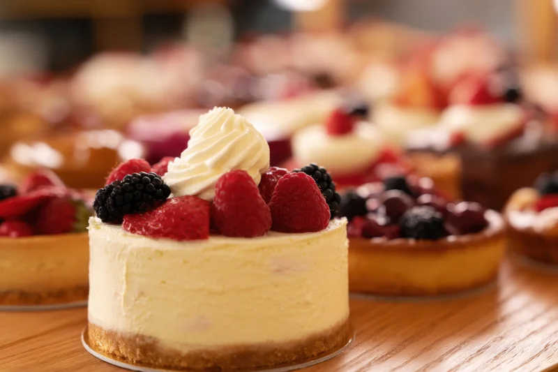 Mini cheesecakes topped with berries and whipped cream arranged on a wooden table