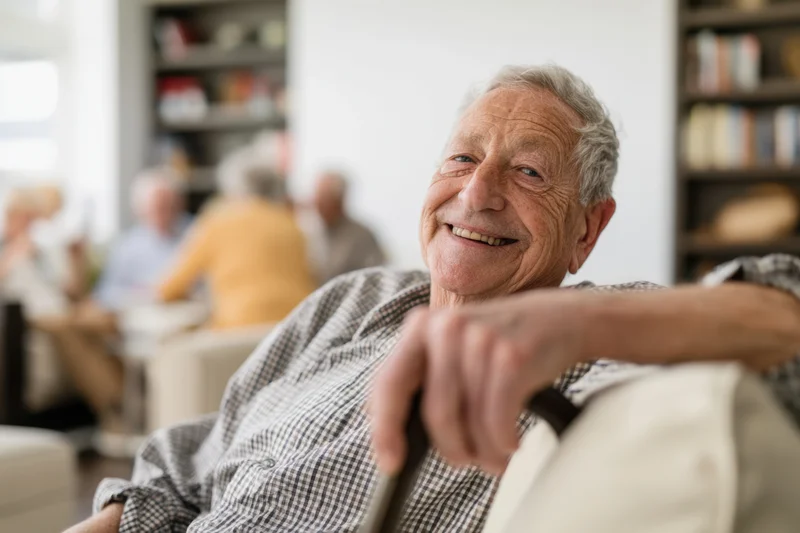 Elderly man smiling while sitting on a sofa in a living room with others in the background