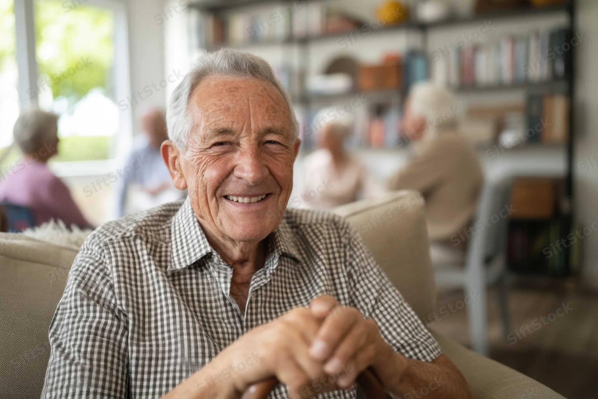 Elderly man smiling while sitting on a sofa in a well-lit living room with others in the background