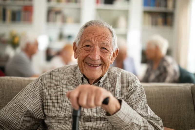 Elderly man smiling while sitting on a sofa in a living room with others in the background
