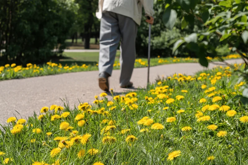 Senior man walking with cane on paved path in park surrounded by blooming dandelions