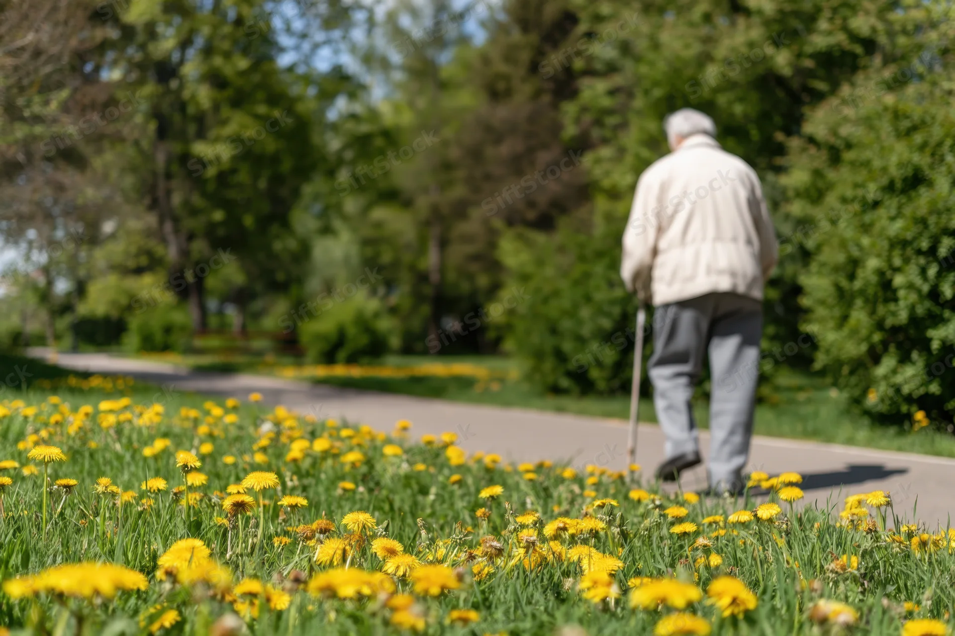 Senior man walking with cane on paved path in park surrounded by yellow dandelions and green grass
