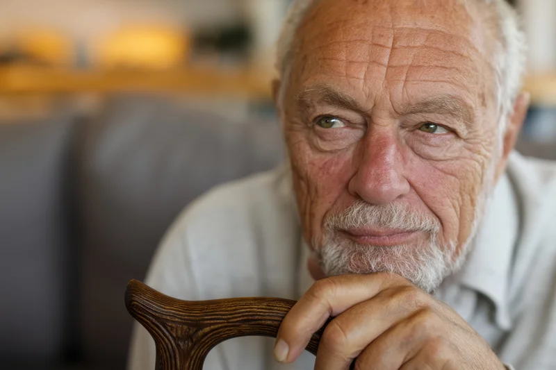 Elderly man with thoughtful expression resting chin on wooden cane handle indoors