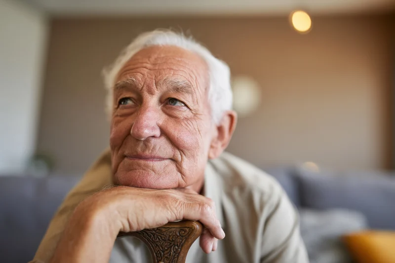Elderly man resting chin on hand holding carved wooden cane in living room