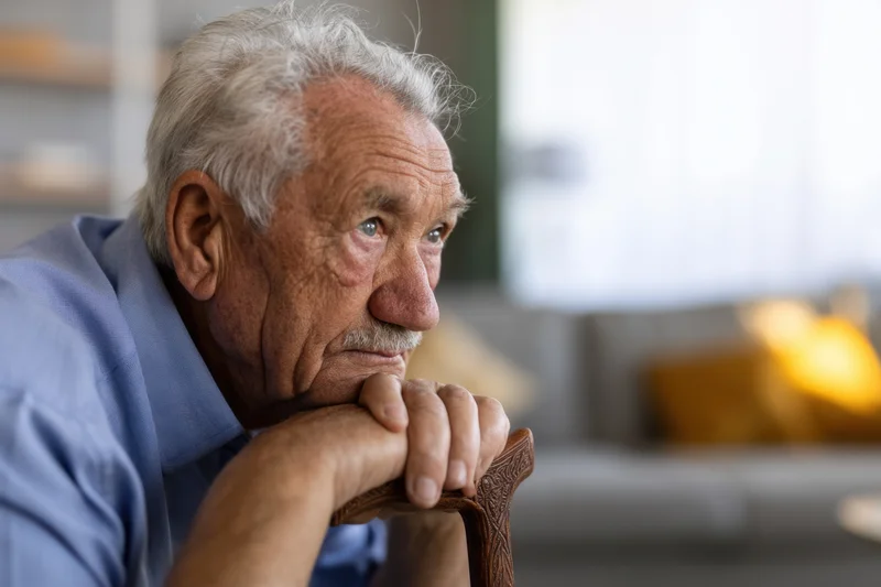 Elderly man resting his chin on hands gripping a carved wooden cane indoors