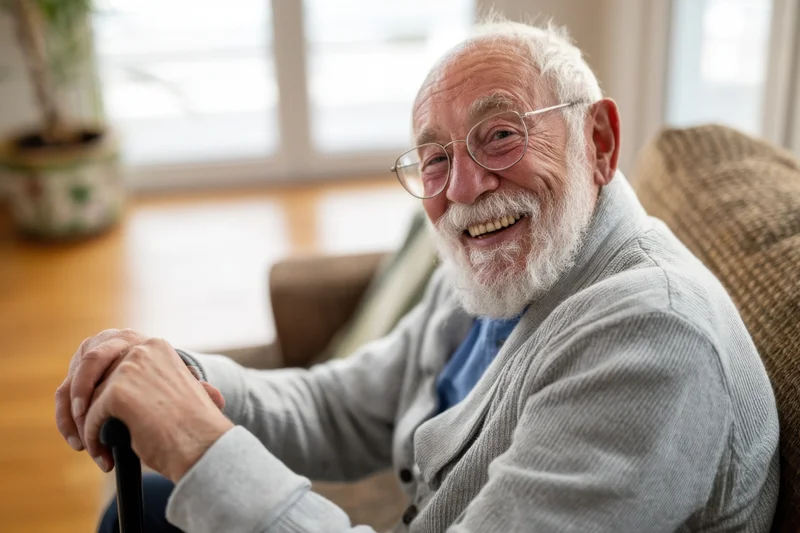 Elderly man with white beard and glasses smiling while sitting in armchair holding cane indoors
