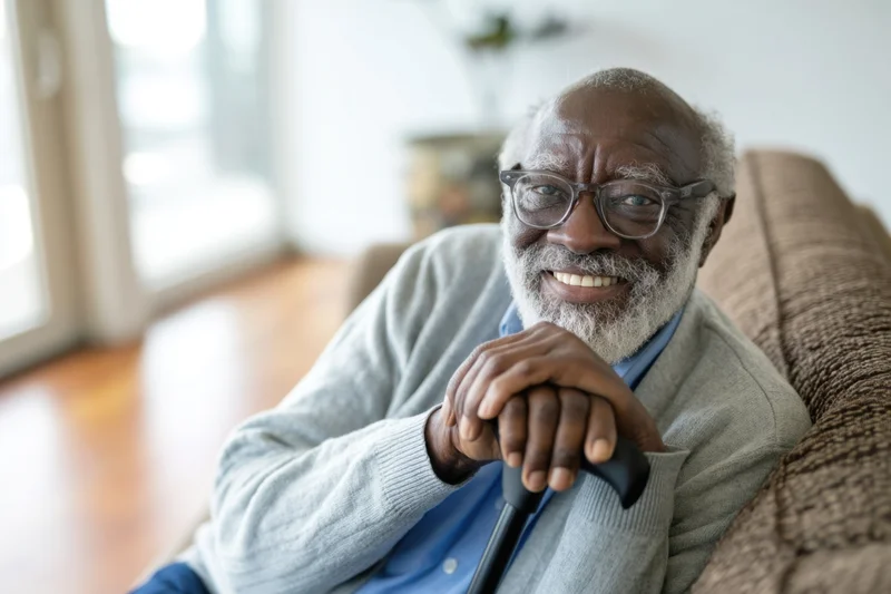 Senior man smiling while sitting on couch holding cane in living room
